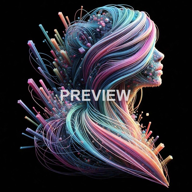 A digital artwork of a woman's profile with flowing, multicolored hair made up of intricate, fiber-like strands and small, detailed elements against a black background.